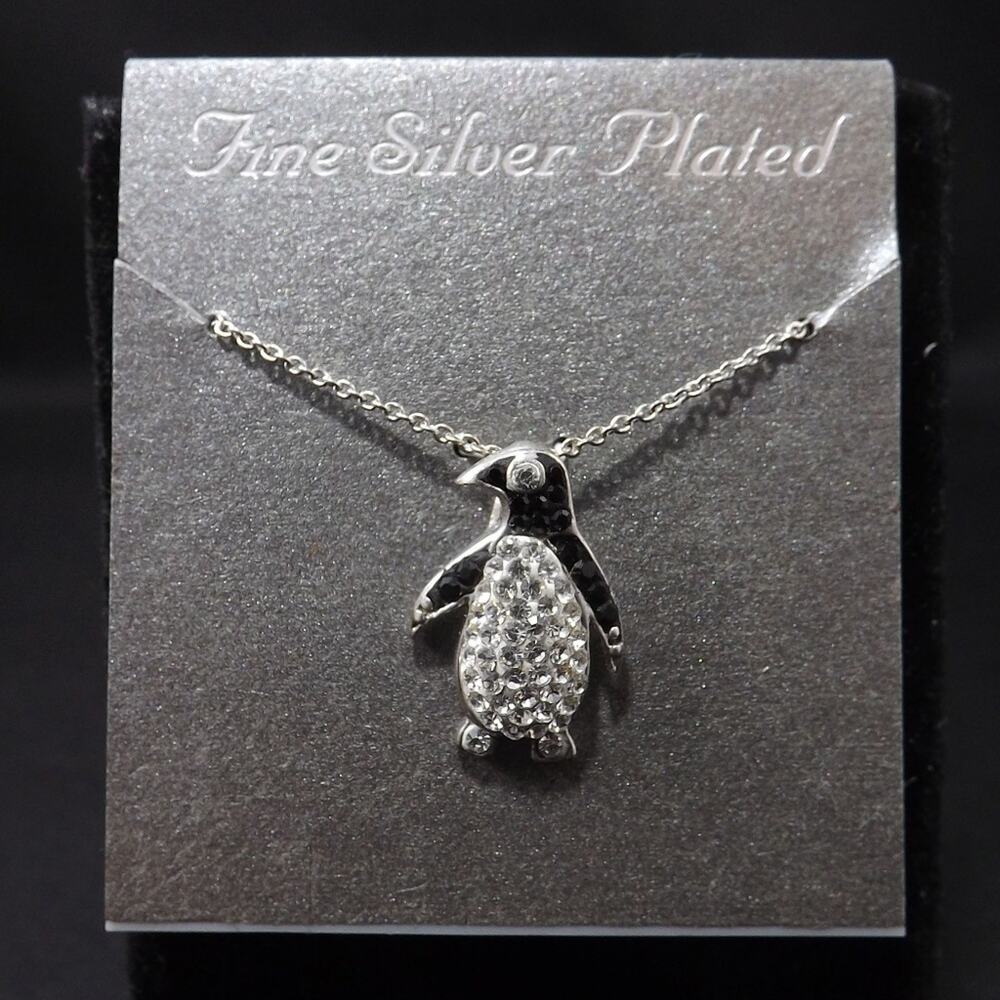 Penguin Necklace, Silver Plated, Clear & Black Rhinestones, NWT, 18 Inches